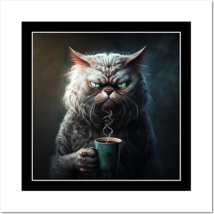 Funny Mean Looking Cat  Drinking Coffee, Coffee Cat Lover Posters and Art